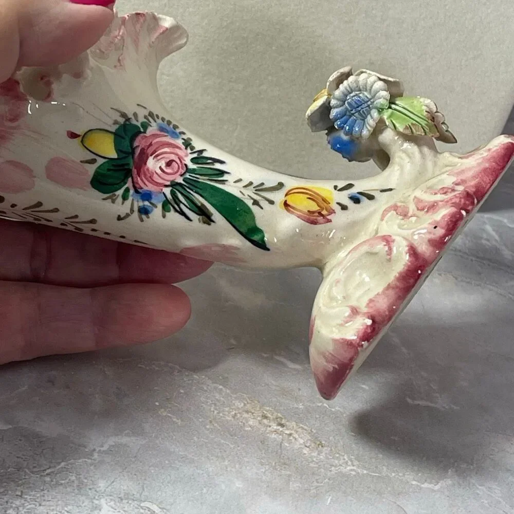 Vintage Italian ceramic cornucopia vase applied flowers hand painted.